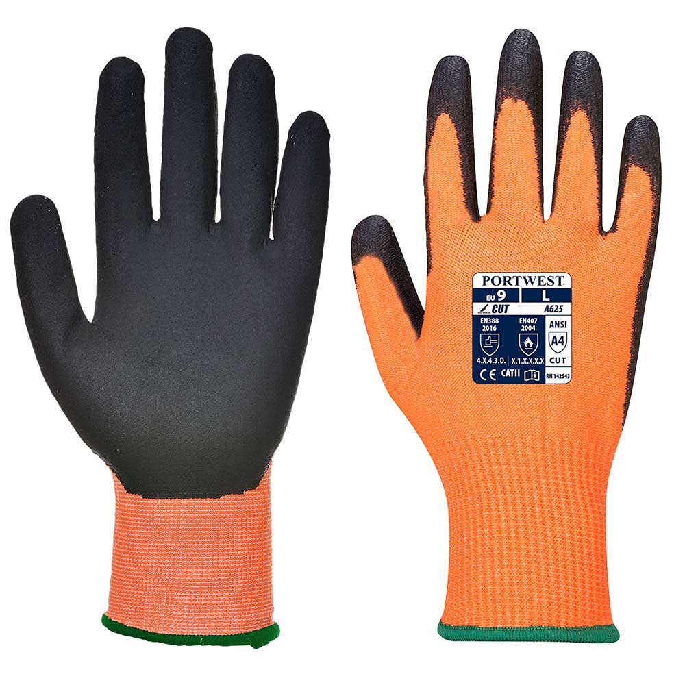 Portwest A625 Vis-Tex Cut Resistant PU Glove Orange/Black, Small